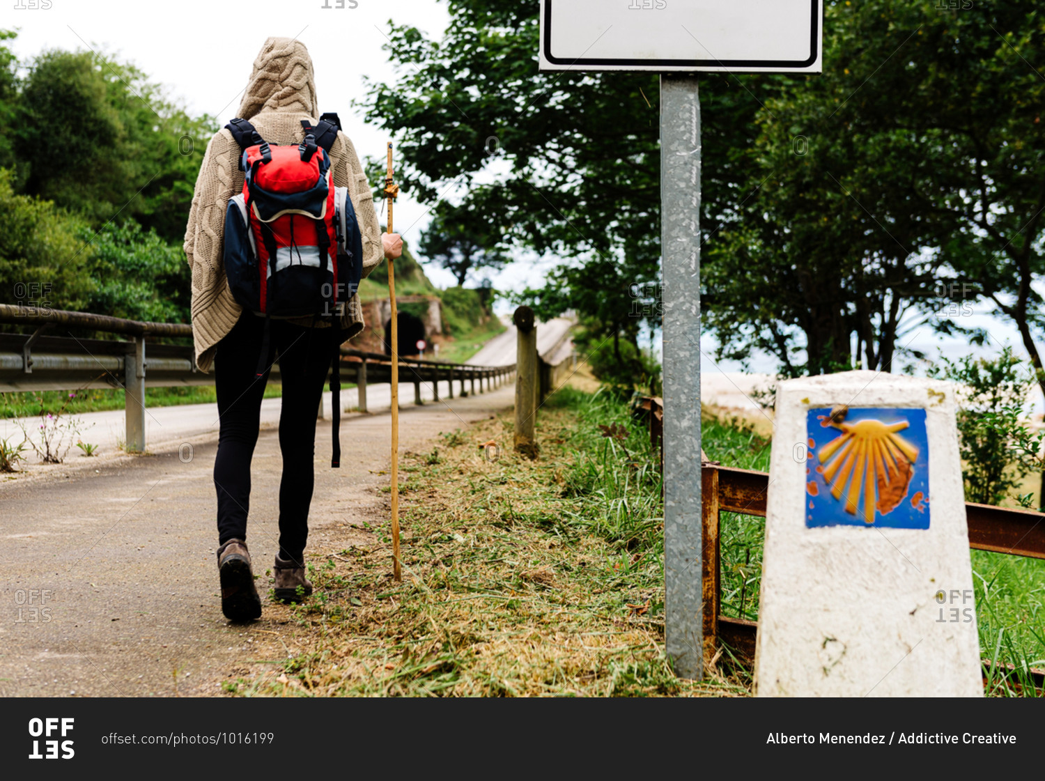 Back view of lonely unrecognizable hiker with backpack and trekking stick walking on path near signpost with scallop shell symbol of Camino de Santiago in Spain