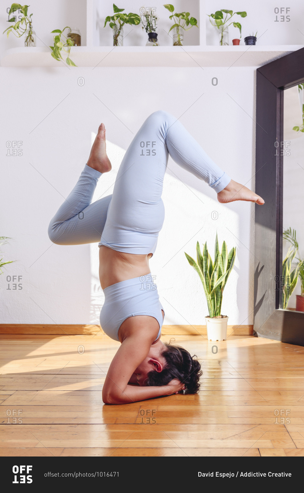 Side view of unrecognizable flexible female in sportswear balancing in handstand position while practicing yoga at home