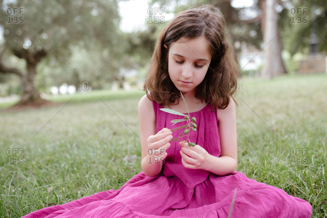 Adorable tranquil preteen girl with curly hair wearing pink summer dress holding green sprig while sitting on green meadow in summer park