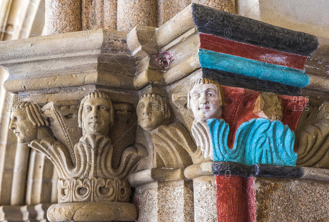 France,  Limousine,  Correze,  Tulle,  cloister of the abbey Saint-Martin-et-Saint-Martial,  coloration test on a sculpted capital