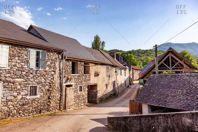 Stone house in the village of Audressein in the department of Ariege,  in the Pyrenees,  in the Occitanie region,  in France