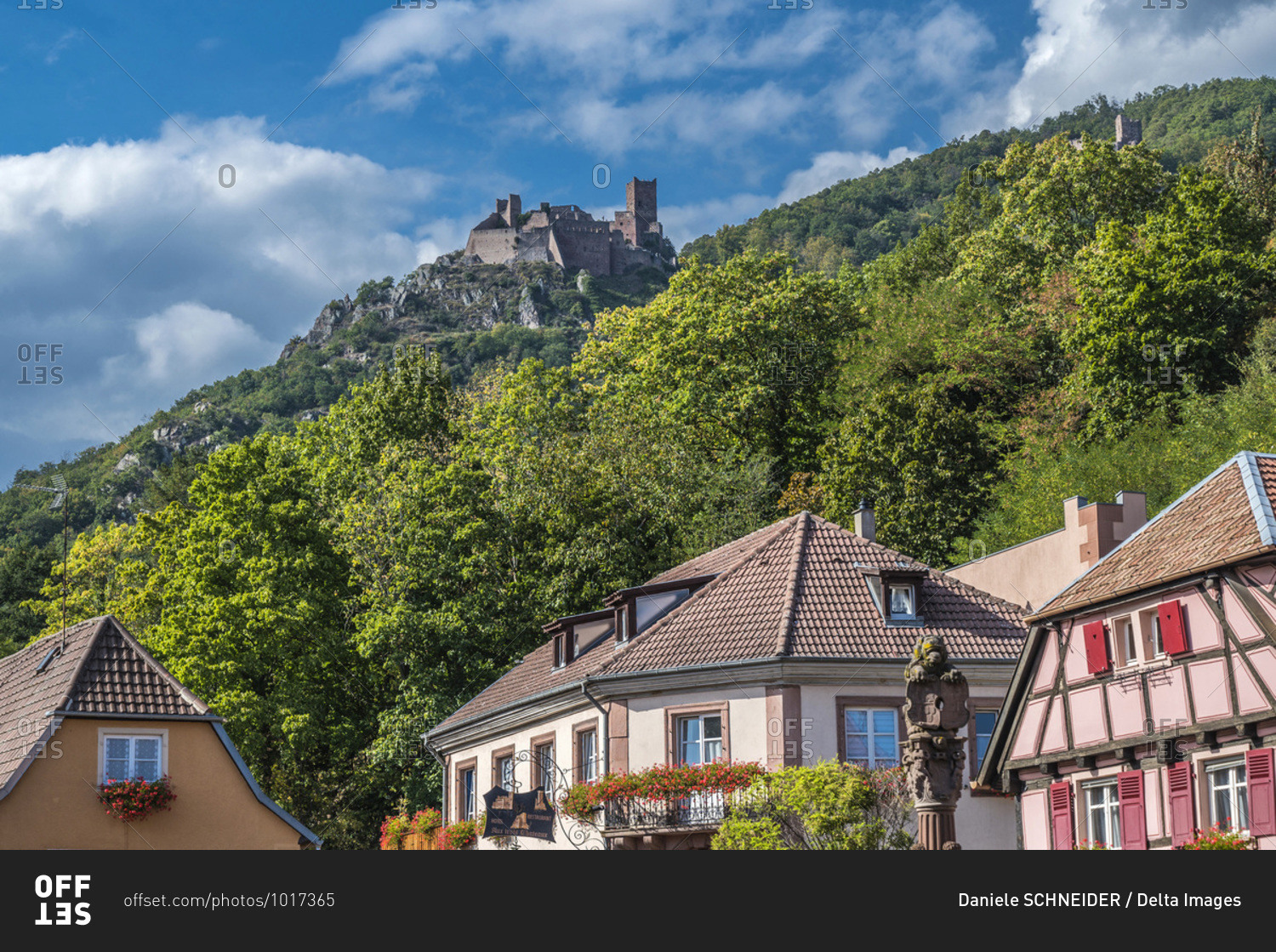 France,  Alsace,  wine route,  houses of Ribeauville and castle