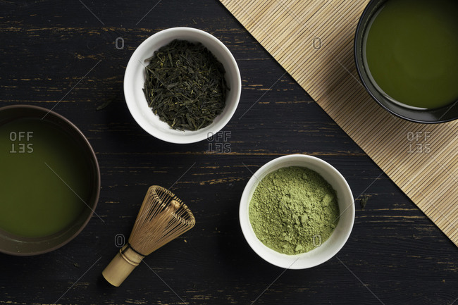 Japanese matcha tea . Still life with matcha green tea, whisk and matcha  powder.Japanese tea ceremony: Preparation of Matcha, Stock image