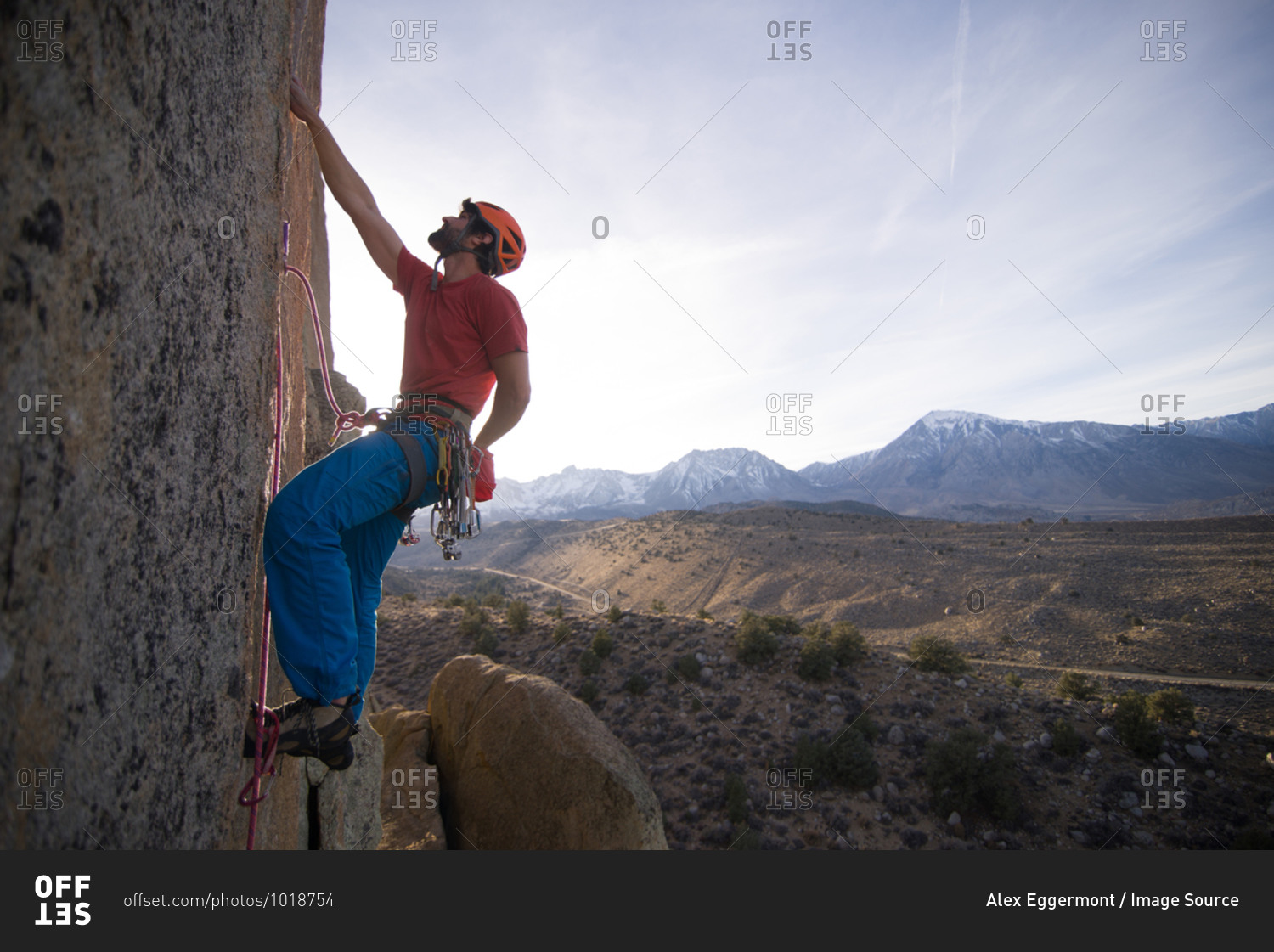 Climber trad climbing, Little Egypt, Bishop, California, USA