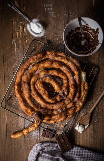 Spiral churro with chocolate dip
