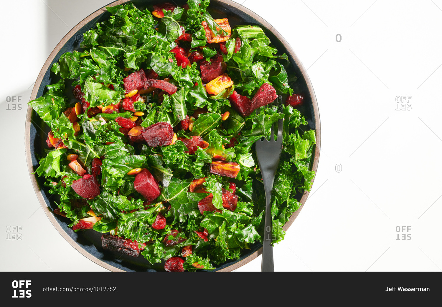 A healthy kale salad with beetroot, pumpkins seeds and cranberries on a white background