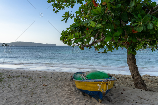 Caribbean, Greater Antilles, Dominican Republic, Samana, Las Galeras, fishing boat on Playa Grande beach in Las Galeras