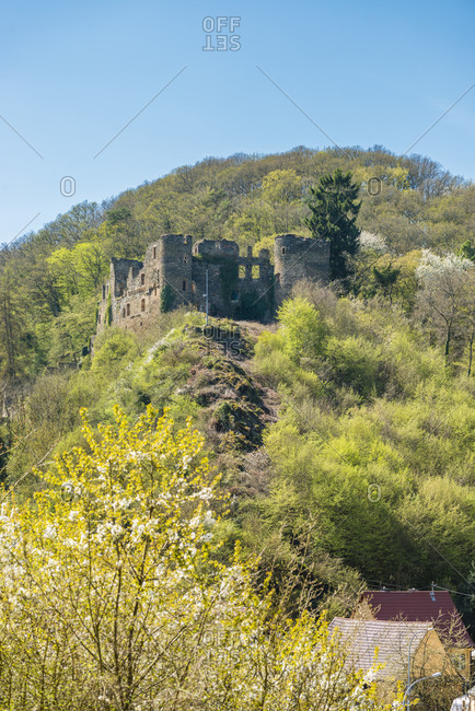 Dalburg near Dalberg in the Grafenbachtal in the Bad Kreuznach district, a spur castle with a trench stitched high-resolution panorama