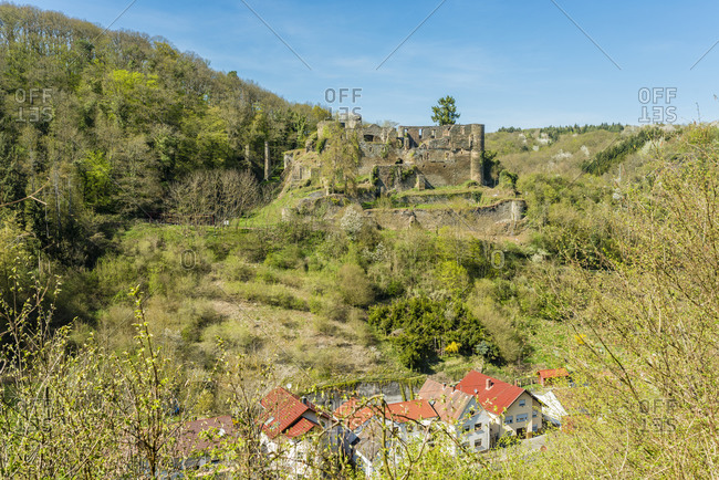 Dalburg near Dalberg in the Grafenbachtal in the Bad Kreuznach district, a spur castle with a trench stitched high-resolution panorama