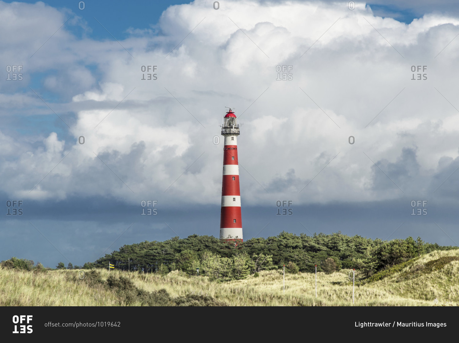 Dune path on the North Sea island of Ameland with a view of the lighthouse