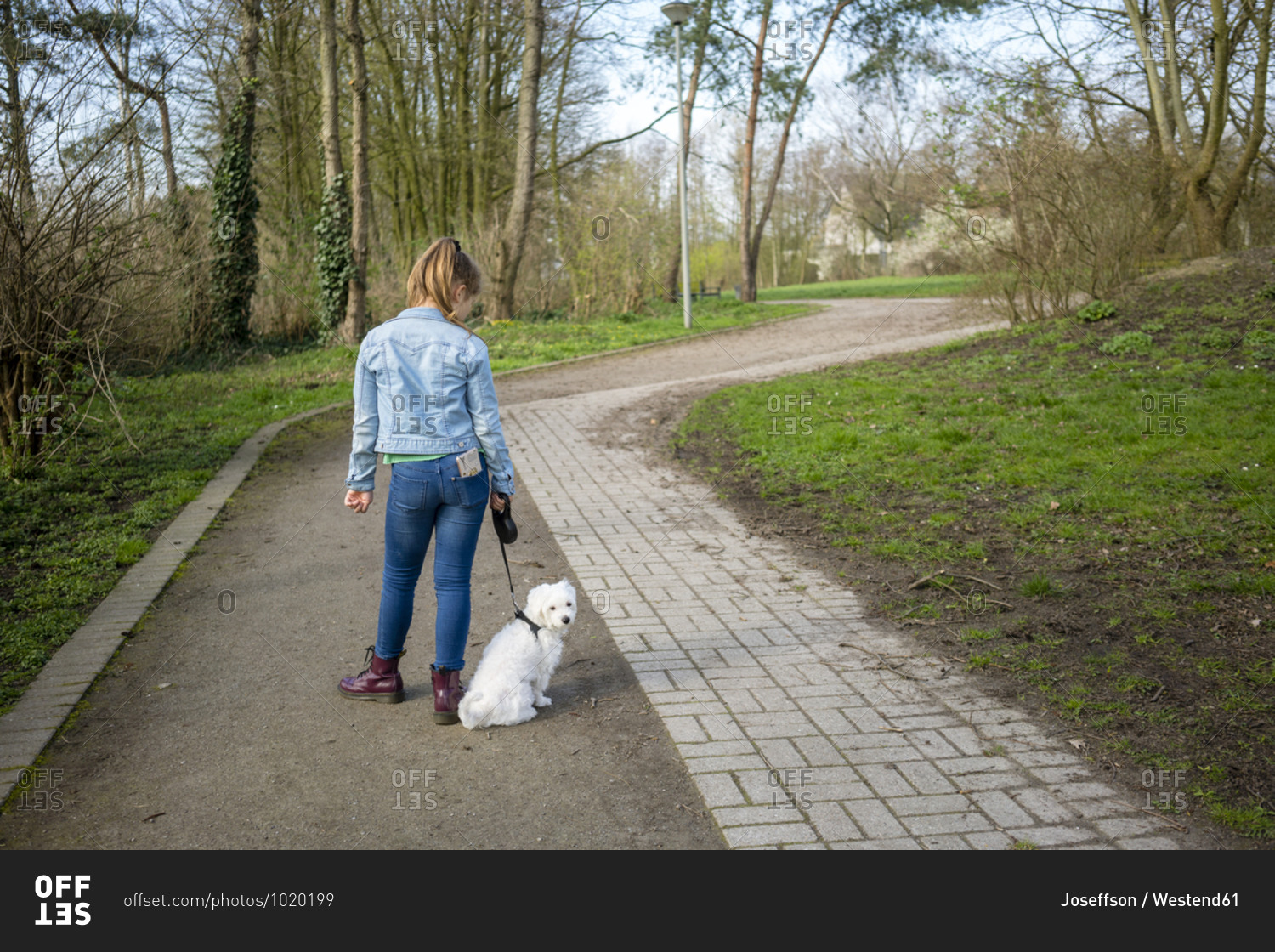 Girl with dog standing on footpath