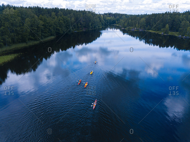 Aerial view of people kayaking in Vuoksi river
