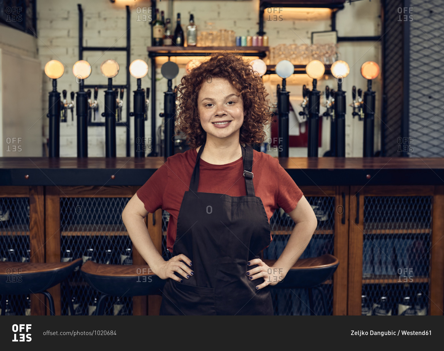 Portrait of a confident waitress at the counter in a pub