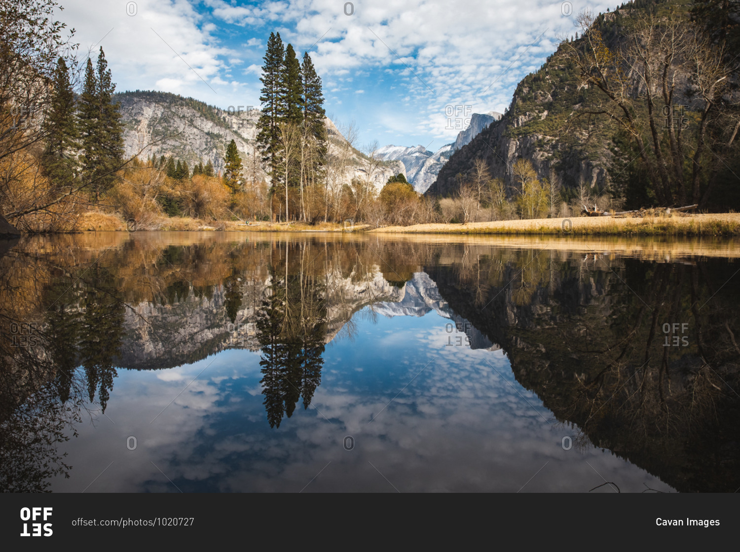 Mountains and trees reflecting in merced river