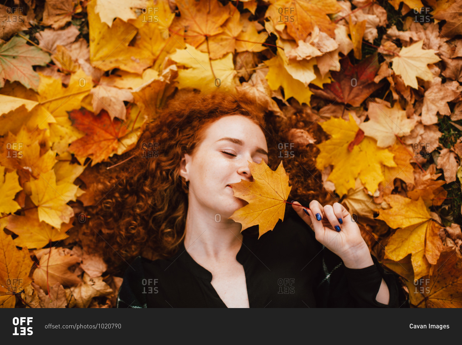 Young woman holding leaf lying in orange leaves in autumn park