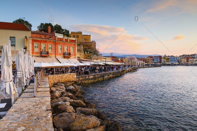 Chania, greece - april 13, 2017: old venetian harbor of chania town on crete island, greece.