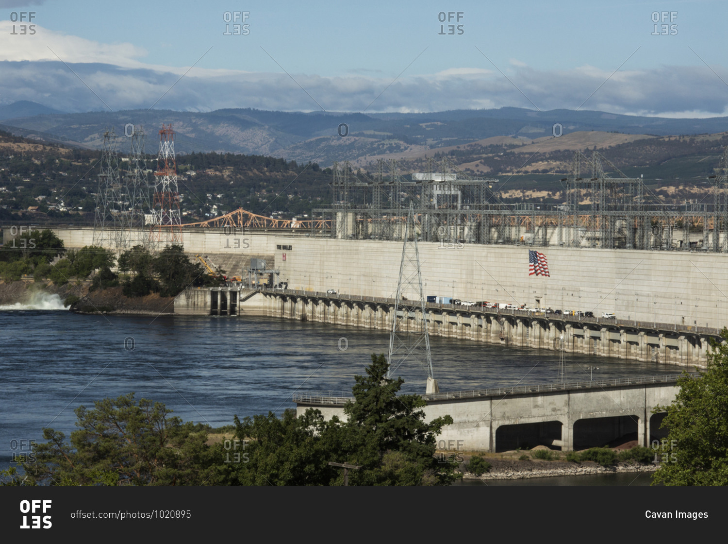 The dalles dam on the columbia river on a sunny day.