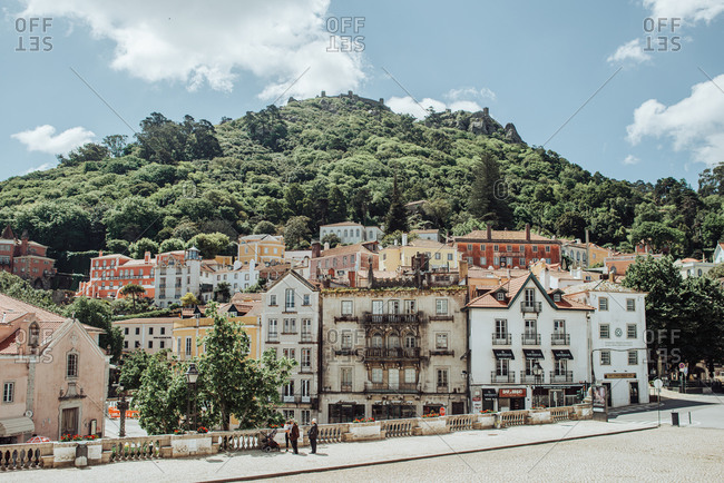 Sintra, lisbon, portugal - may 16, 2020: view to the historical buildings and a hill of sintra, portugal
