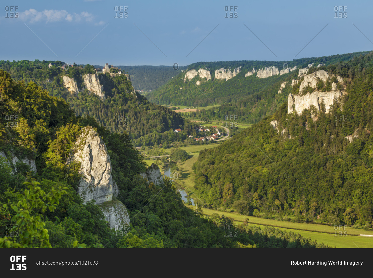 View from Eichfelsen rock to Werenwag castle, Upper Danube Valley, Swabian Jura, Baden-Wurttemberg, Germany, Europe