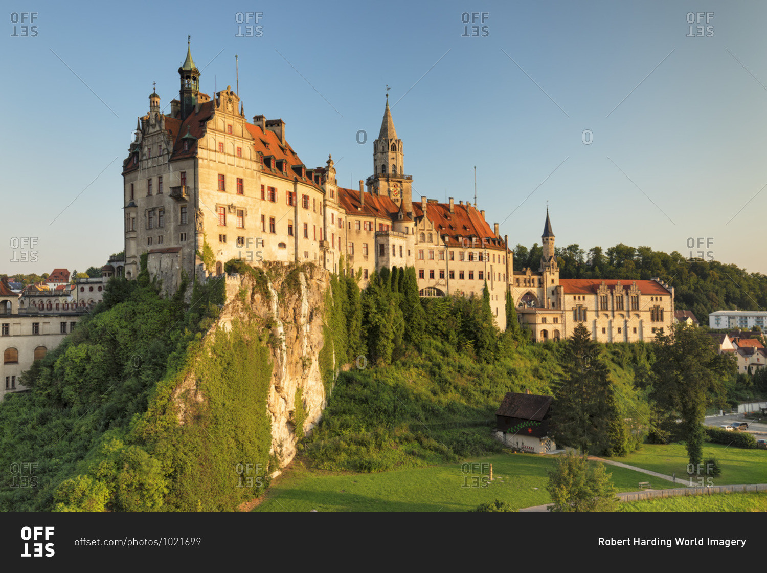 Sigmaringen Castle at sunset, Upper Danube Valley, Swabian Jura, Baden-Wurttemberg, Germany, Europe