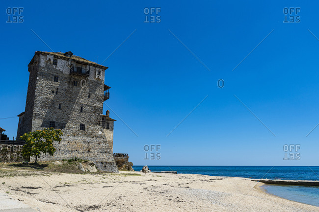 The tower of Prosphorion, Ouranopoli, Mount Athos, Central Macedonia, Greece, Europe