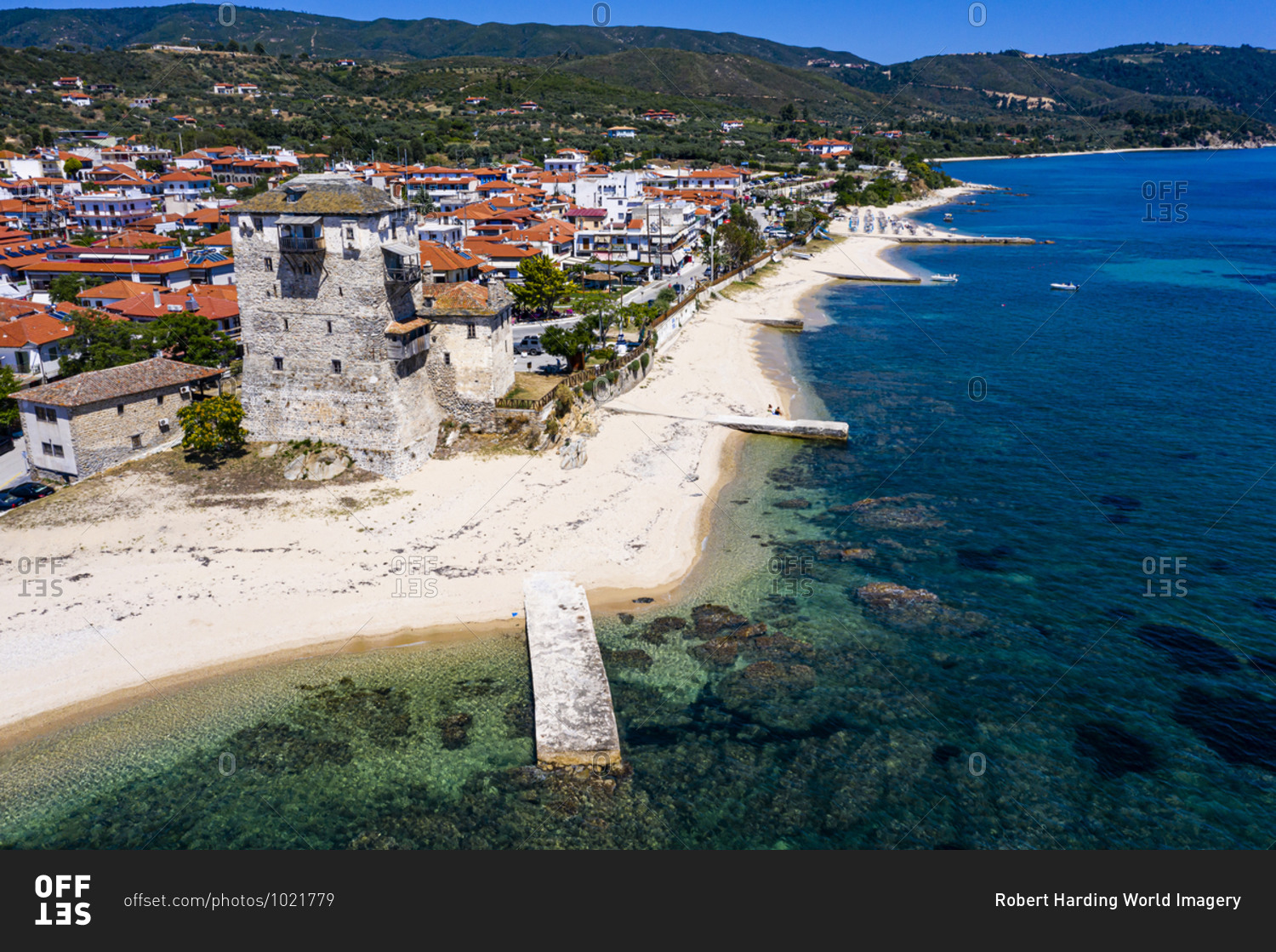 Aerial by drone of the tower of Prosphorion, Ouranopoli, Mount Athos, Central Macedonia, Greece, Europe