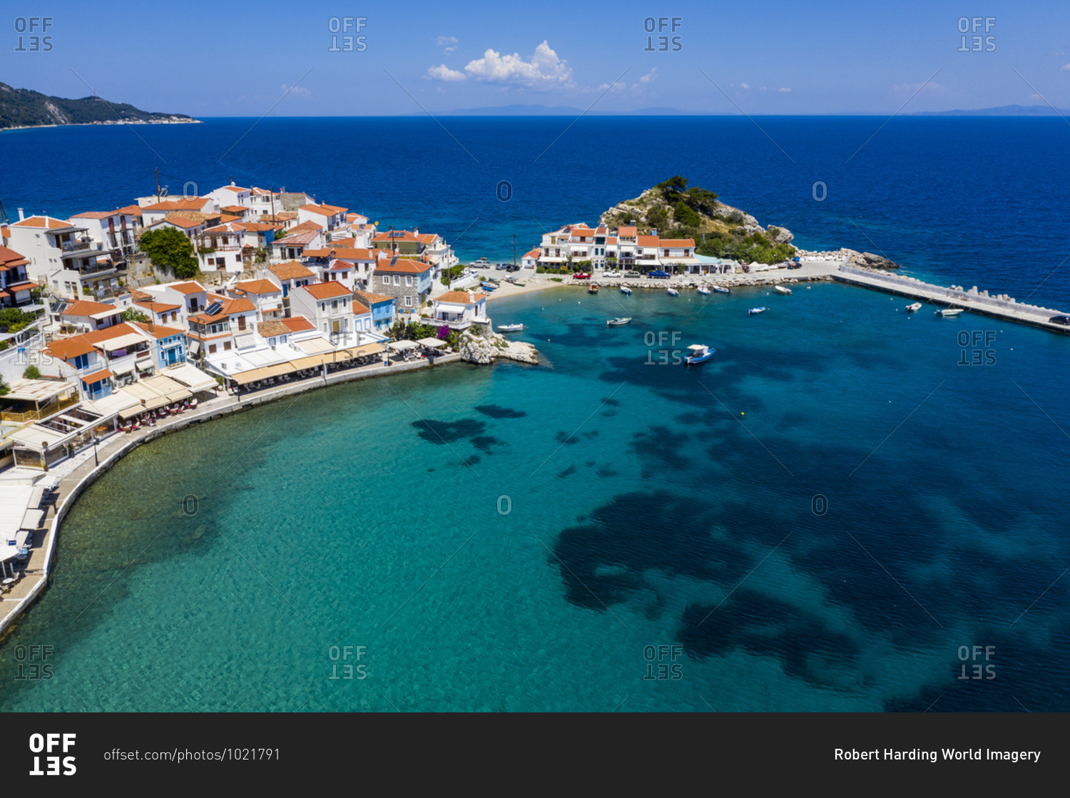 Aerial by drone of Kokkari and its pebble beach, Samos, Greek Islands, Greece, Europe