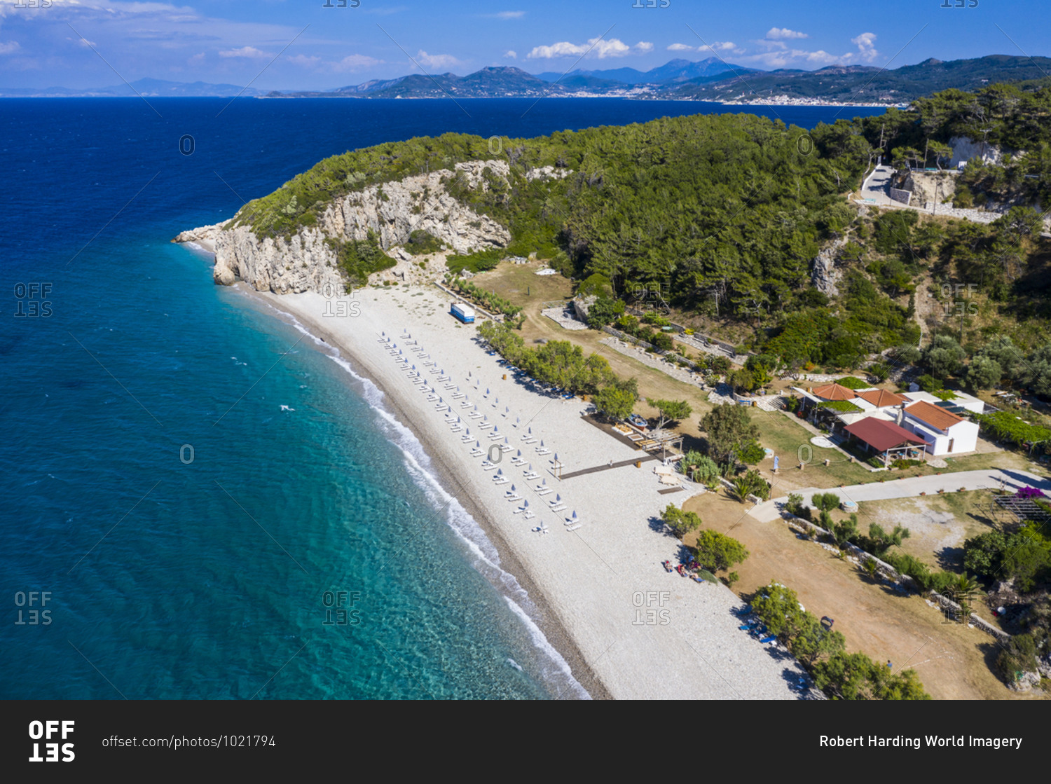 Aerial by drone of Tsambou Beach, Samos, Greek Islands, Greece, Europe
