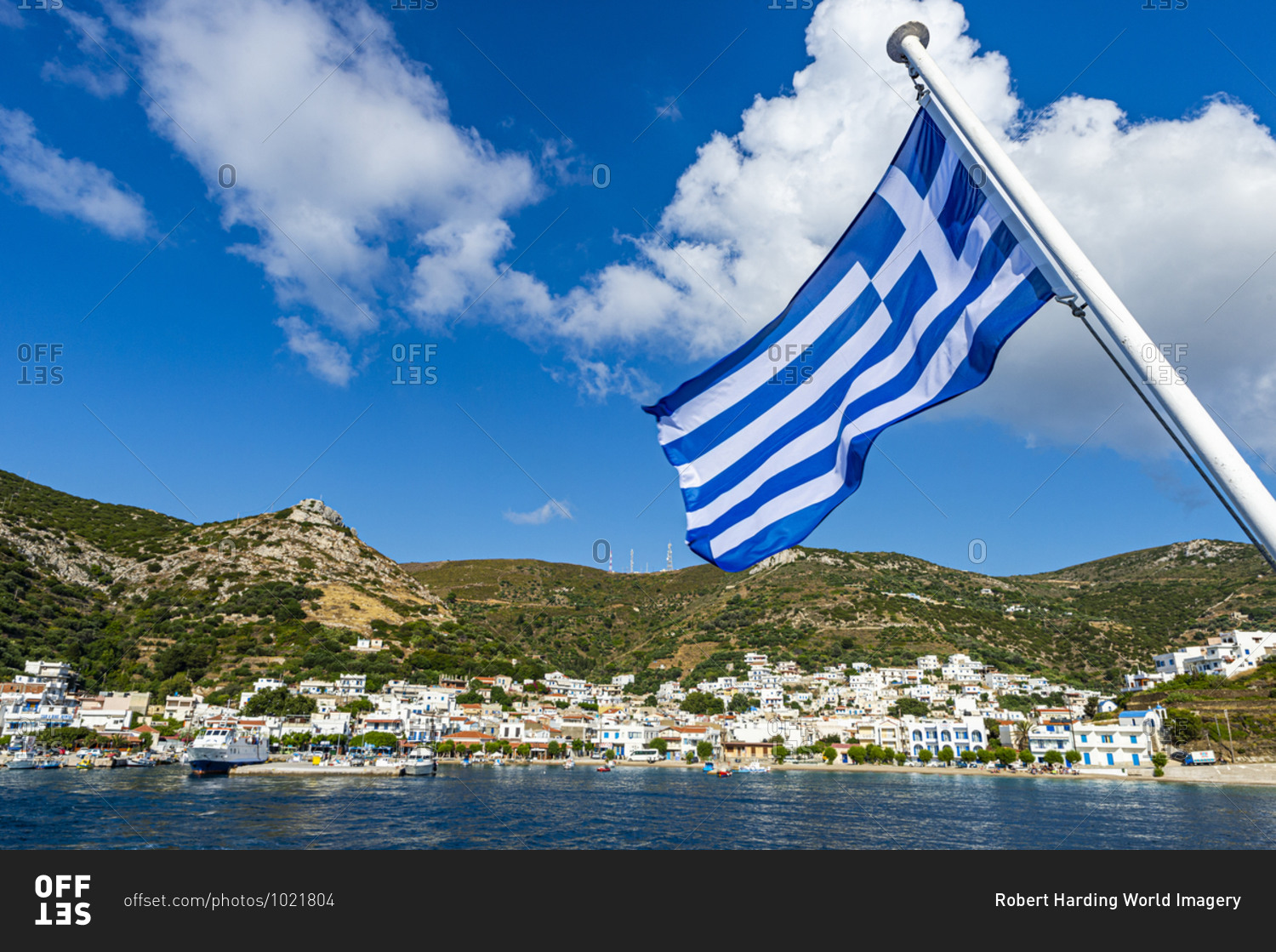 Greek flag in the Port of Kampi, Fourni (Fournoi), Greek Islands, Greece, Europe