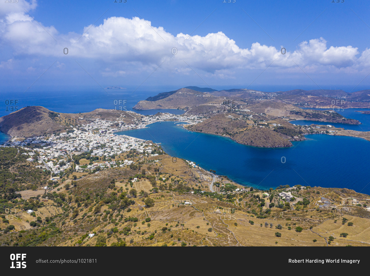 Aerial by drone over Patmos and the town of Skala, Patmos, Dodecanese, Greek Islands, Greece, Europe