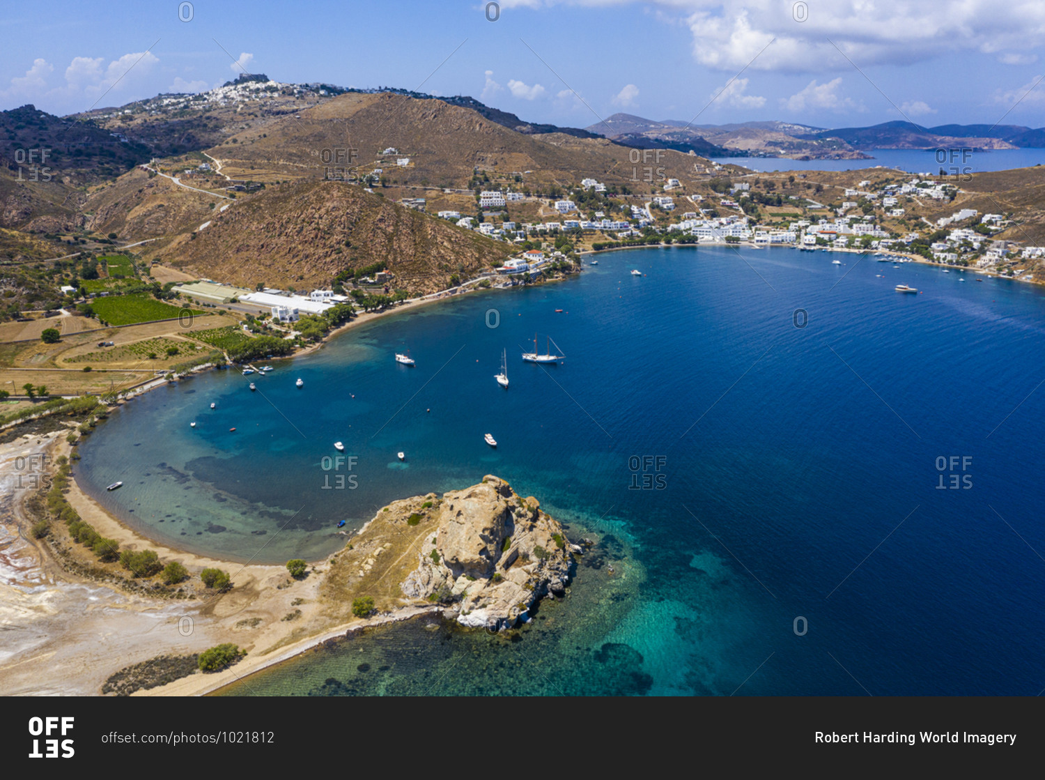 Aerial by drone of the bay of Grikos, Patmos, Dodecanese, Greek Islands, Greece, Europe