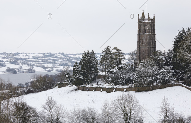 A wintry view of Blagdon Church, with Blagdon Lake in the background, Blagdon, Somerset, England, United Kingdom, Europe