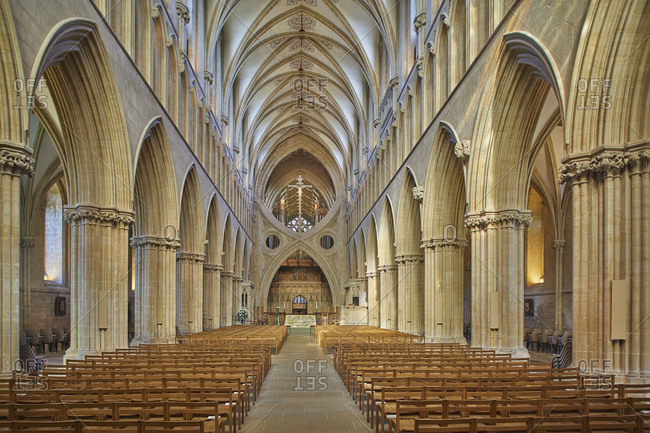May 14, 2019: The central nave in historic Wells Cathedral, in Wells, Somerset, England, United Kingdom, Europe