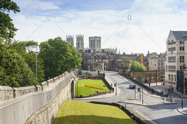 July 23, 2020: Medieval city walls and York Minster, York, North Yorkshire, England, United Kingdom, Europe