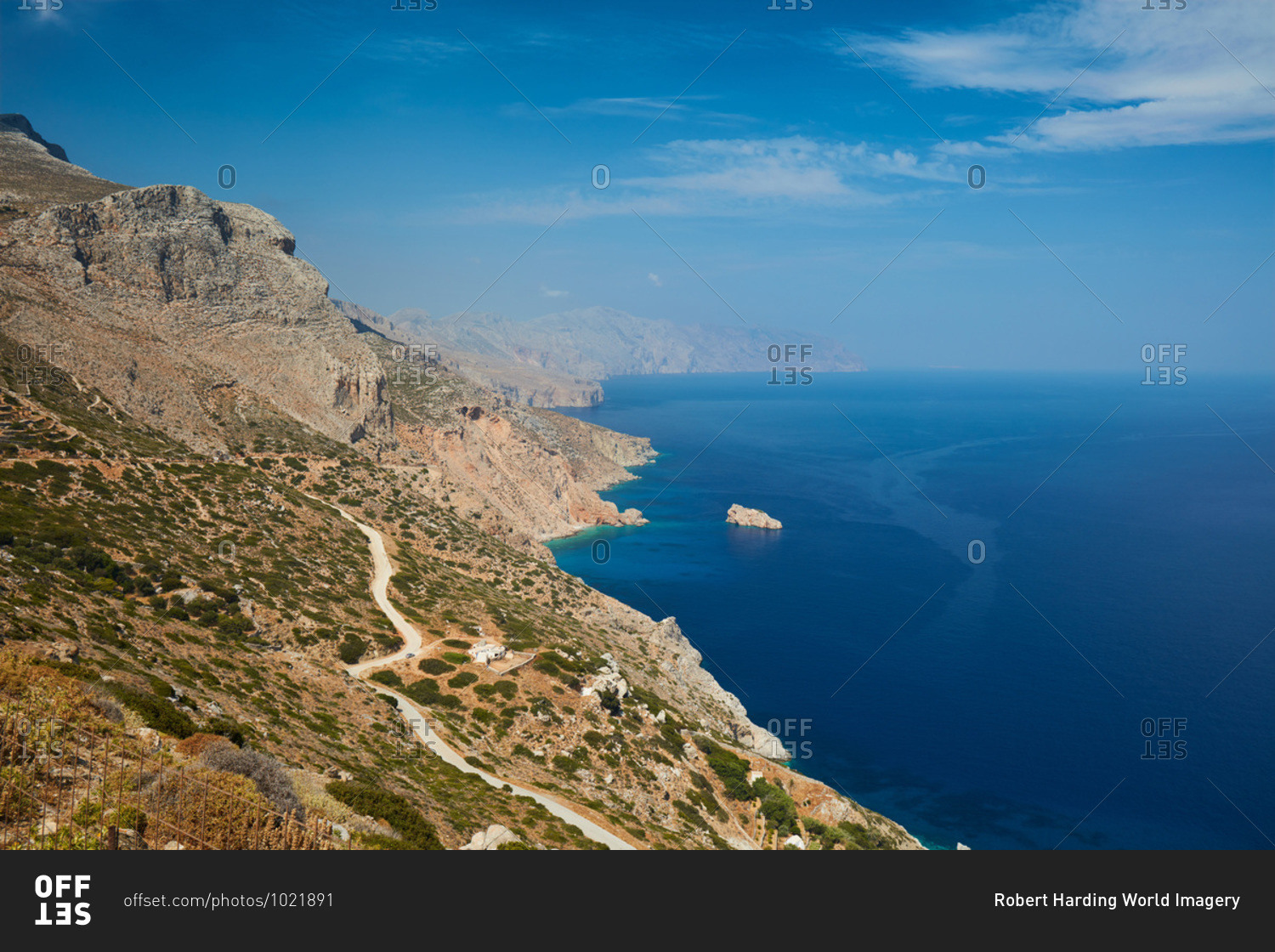 View from mountain ridge along the coast and the Aegean Sea, Amorgos, Cyclades, Greek Islands, Greece, Europe