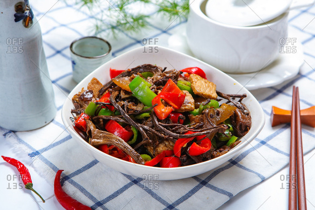 Chinese food tea tree mushroom fry meat