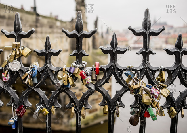 November 11, 2014: Padlocks on railings, Charles Bridge, Prague, Czech Republic