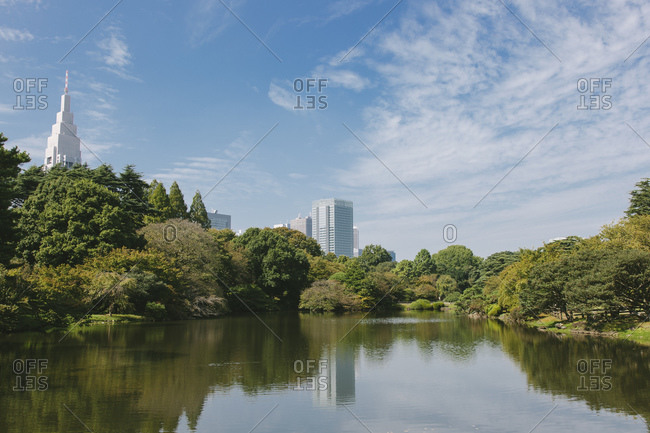 View of lake in Shinjuku Gyoen National Garden, Tokyo, Japan
