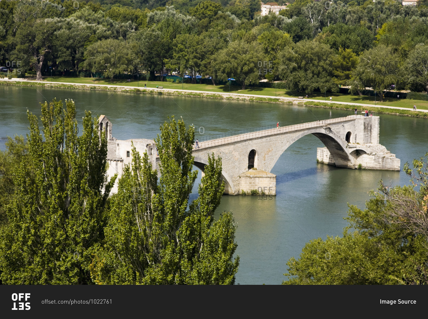 High angle view of river Rhone and Pont Saint-Benezet, Avignon, Provence, France