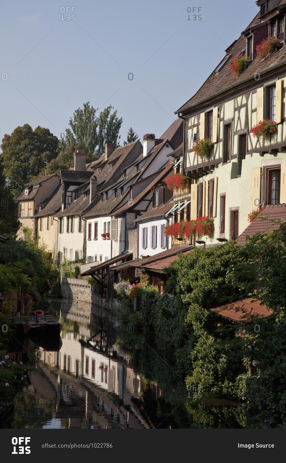 Medieval houses along canal, Colmar, Alsace, France. Alsatian Wine Route