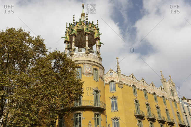 Ornate carved stone tower of Andreu tower, Barcelona, Catalonia, Spain, Europe
