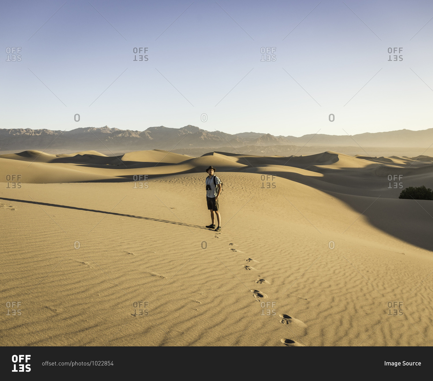 Man with binoculars, Mesquite Flat Sand Dunes, Death Valley National Park, Furnace Creek, California, USA