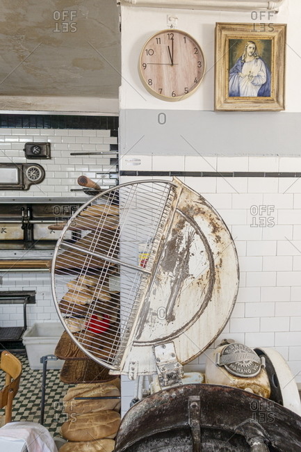 Sassocorvaro, Marche, Italy - August 8, 2020: Equipment inside the local bakery