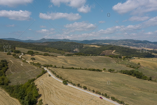 Bird's eye view over rolling hills in the countryside, Lajatico, Italy