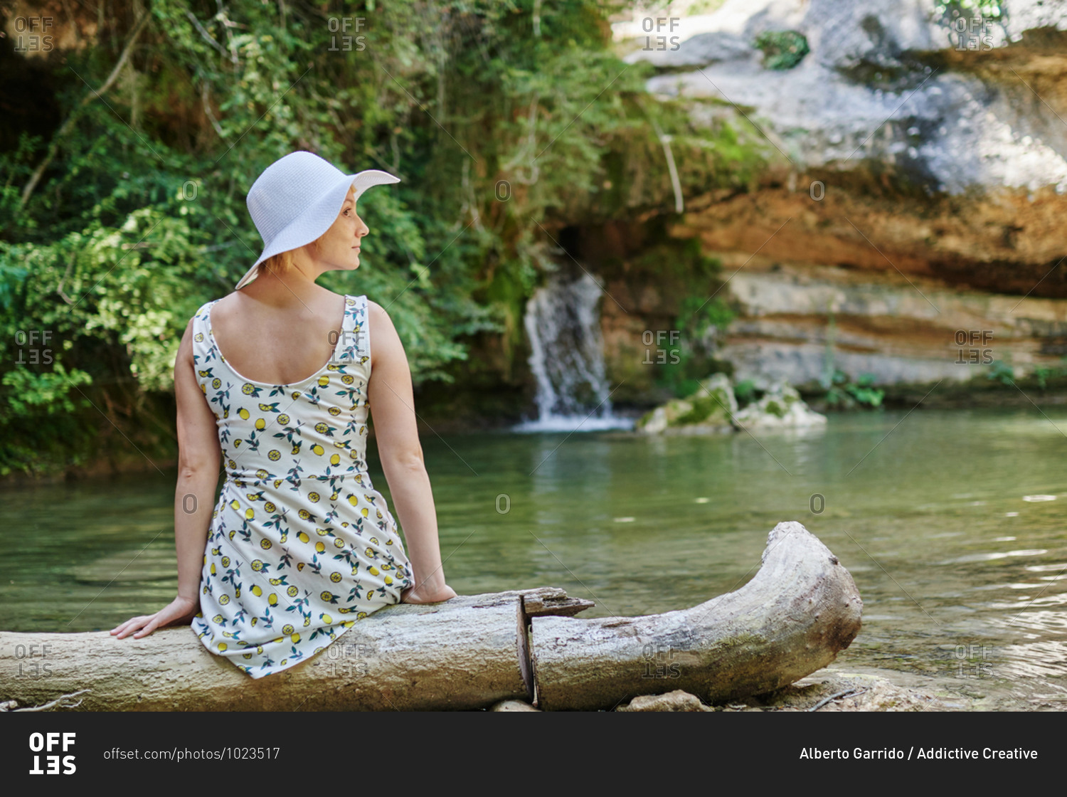 Back view of glad female in summer dress and hat sitting on tree trunk on shore of pond and enjoying vacation