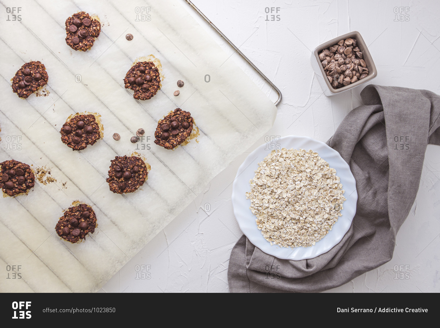 Flat lay shot of oatmeal and banana cookies with chocolate chips