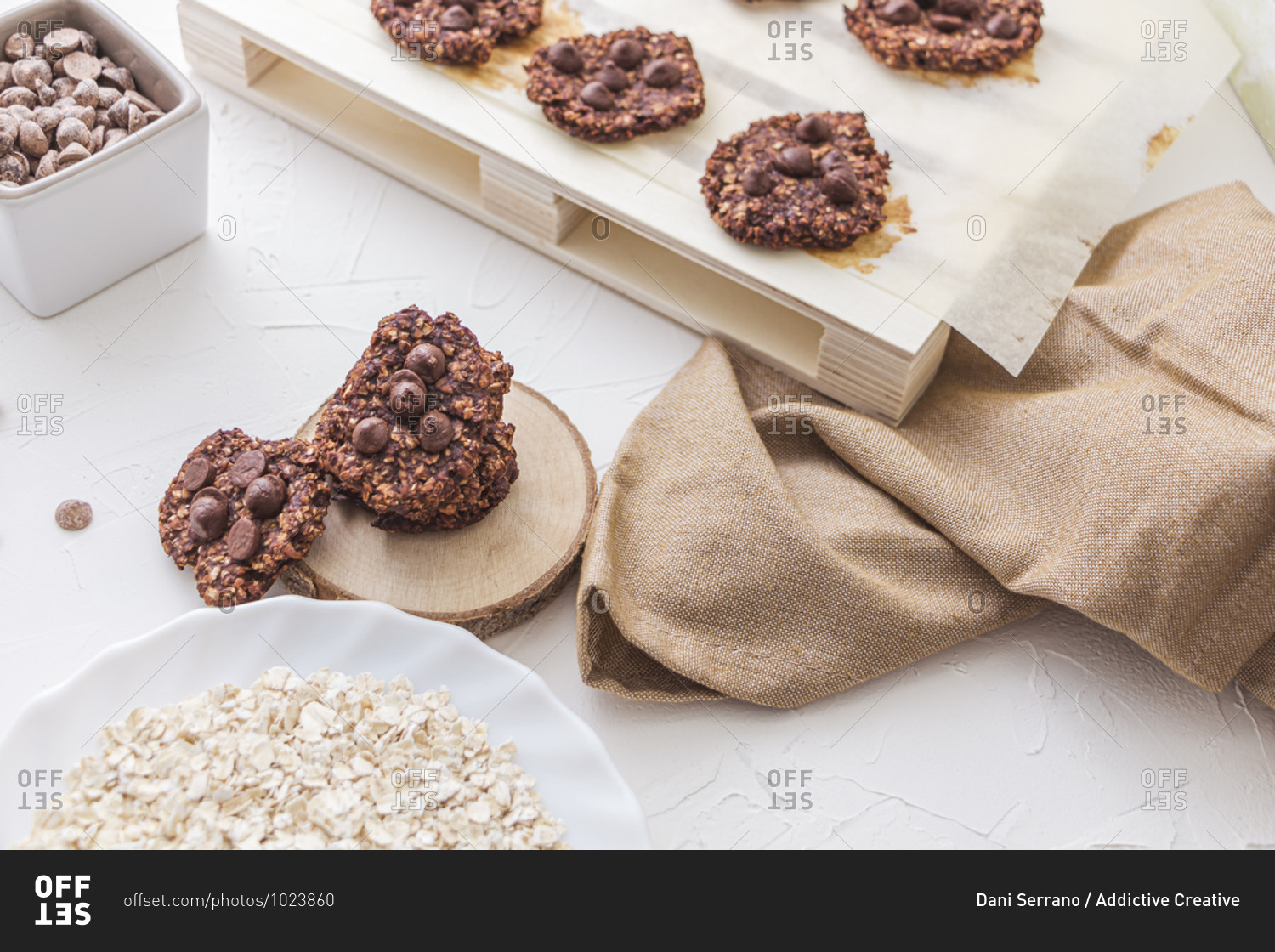 Still life shot of oatmeal and banana cookies with chocolate chips