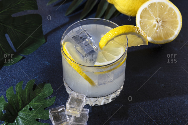 High angle of glass of cold refreshing alcohol drink with ice cubes garnished with lemon slice and placed on table in bar
