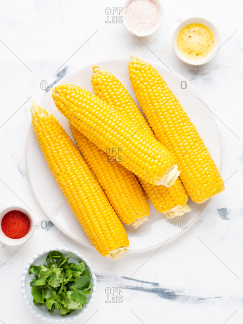 Boiled corn on cob with fresh chopped cilantro and sweet paprika powder served on ceramic plate