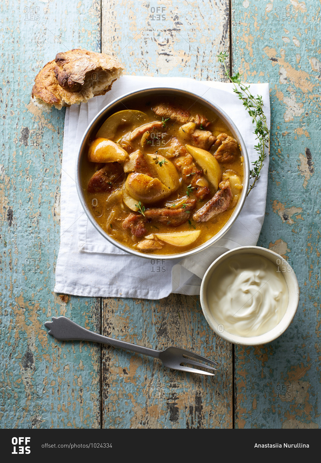 Pork and pear stew cooked with herbs and cider
